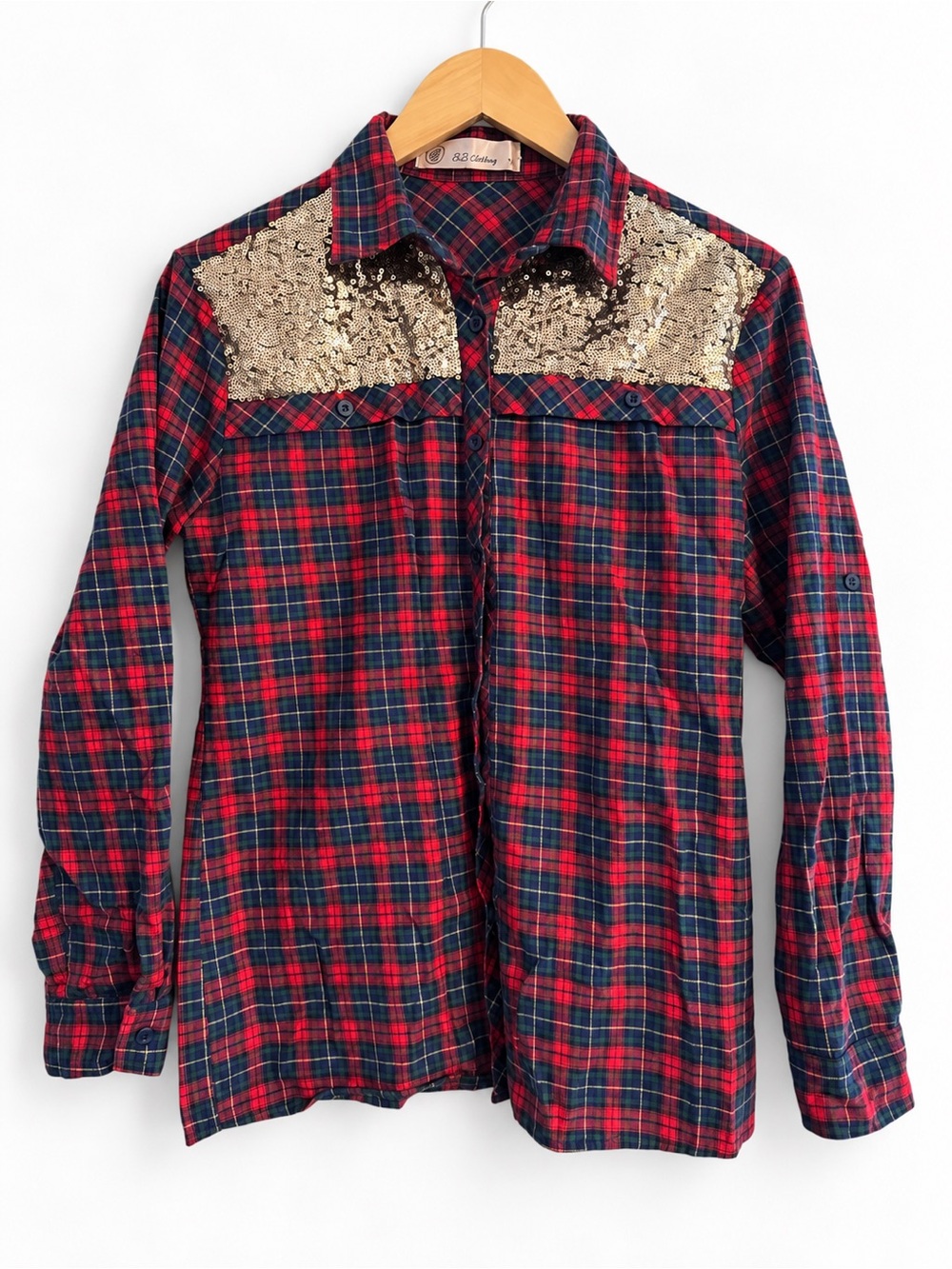 Women’s Red & Navy Plaid Shirt with Gold Sequins